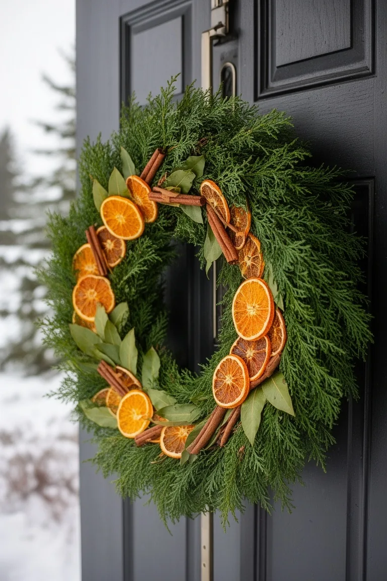 Evergreen wreath with dried orange slices and cinnamon on a front door