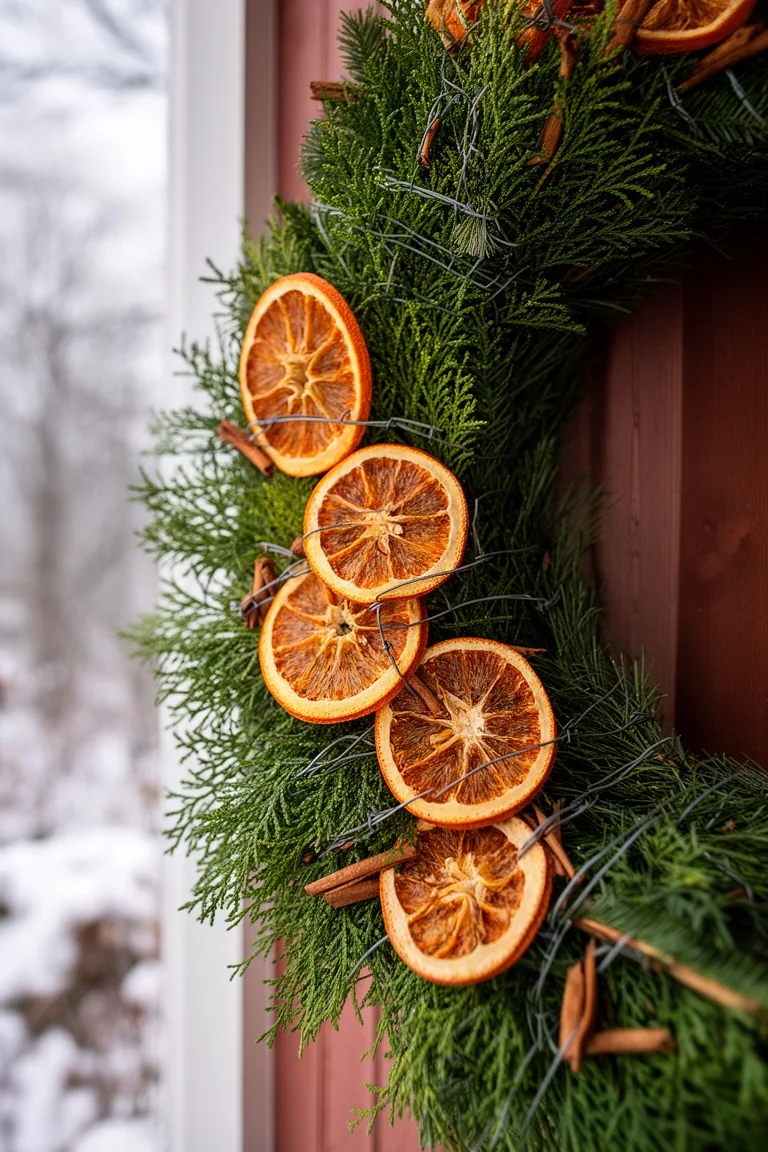 Close-up of cedar and fir greens layered with dried lemon and orange