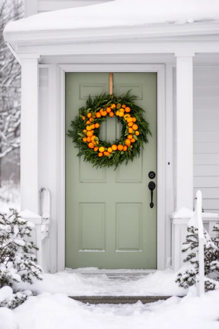 Citrus-accented wreath on a painted door framed by a snowy porch