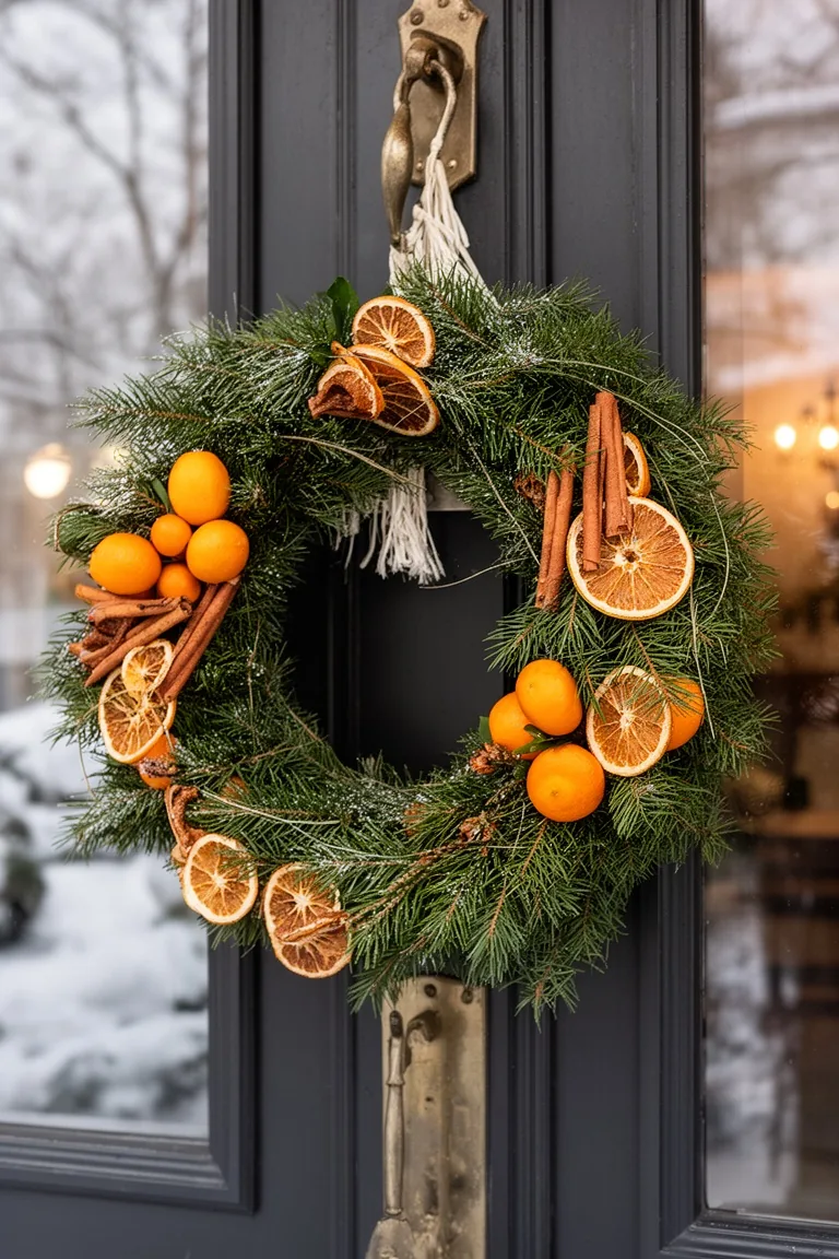 European market style wreath of fir and dried citrus with kumquats