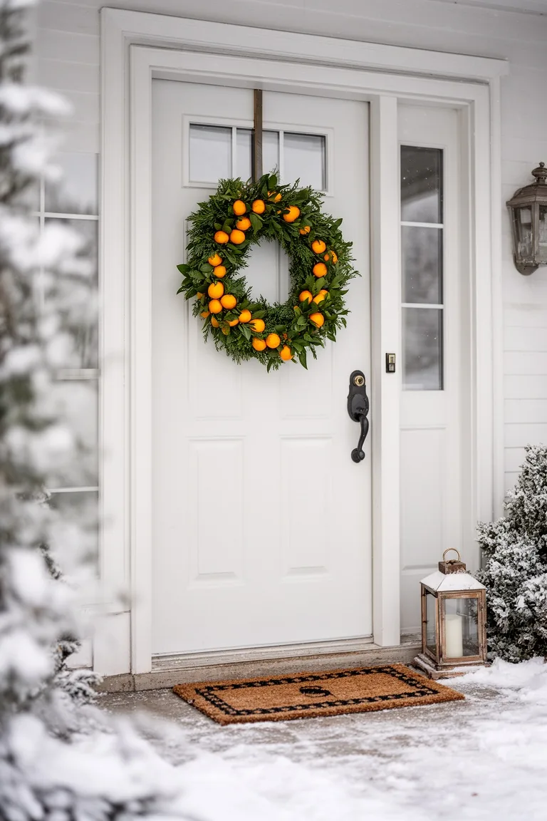 Welcoming entry with a citrus evergreen wreath, doormat and lantern