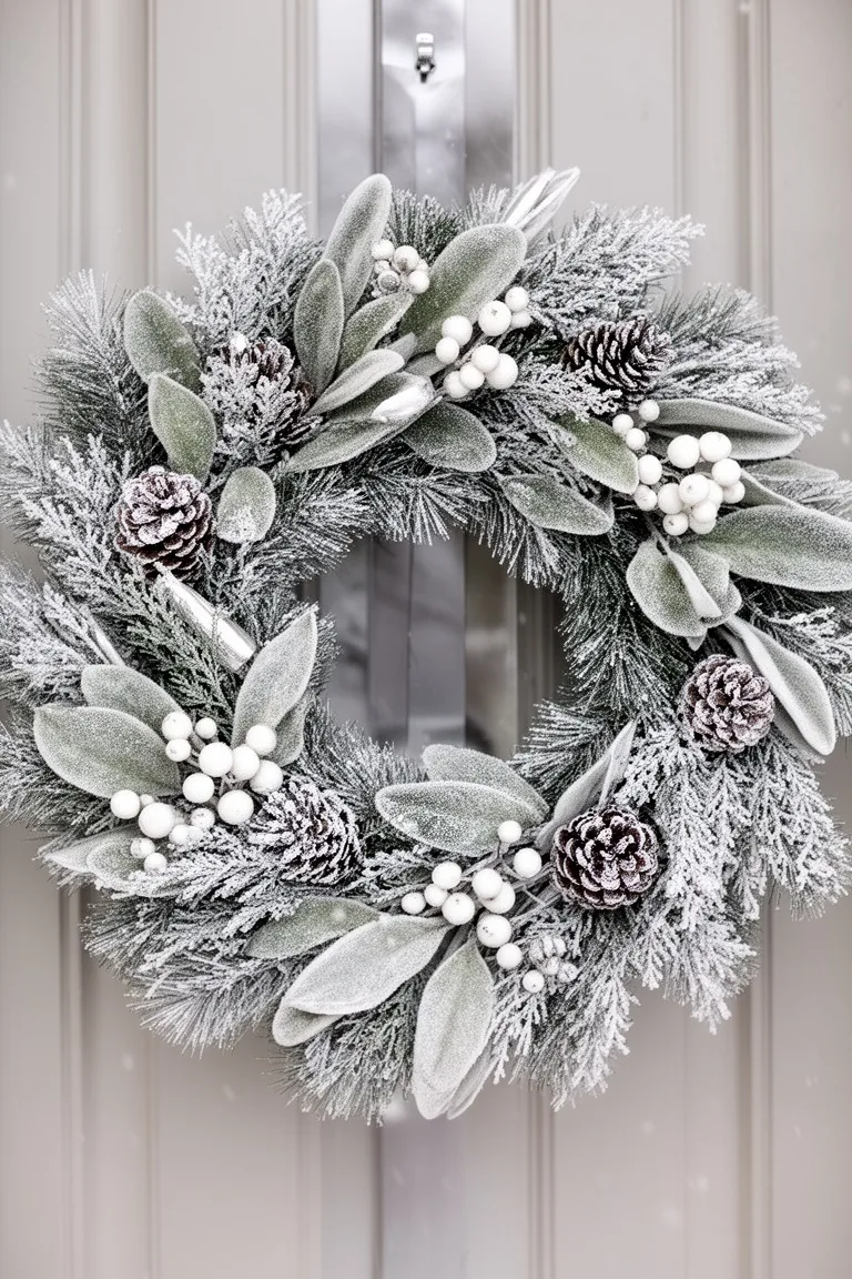 Frosted wreath of flocked pine, dusted cedar and white berries
