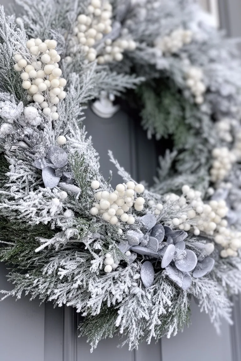 Close-up of frosty greenery with pale berries and matte silver accents