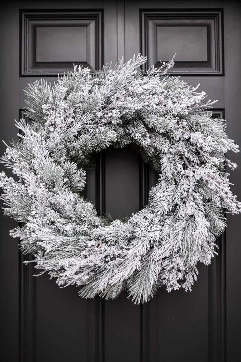 Silvery flocked wreath on a dark front door with subtle shimmer