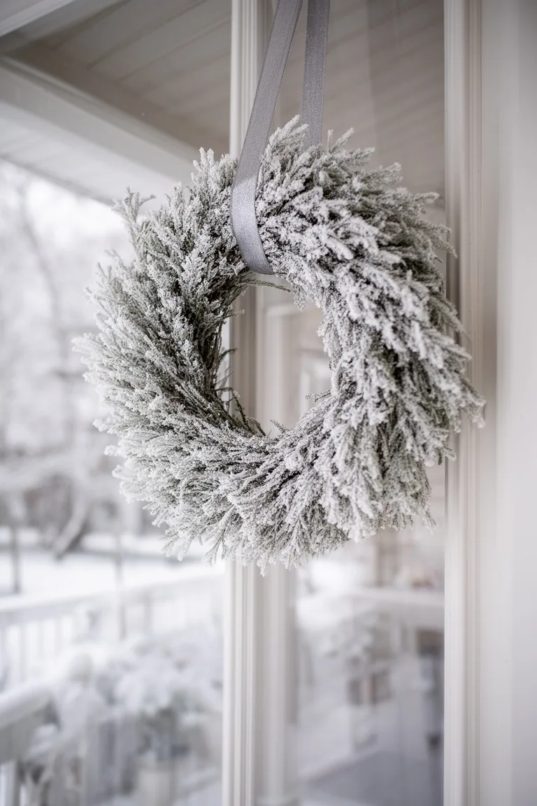 Frosted wreath with a narrow silver-gray ribbon on a covered porch