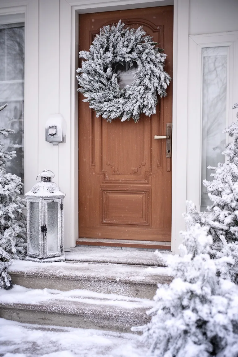Snowy entry with a frosted forest wreath and a frosted lantern