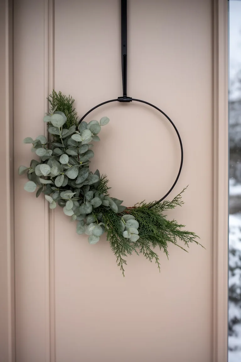Matte black hoop wreath with asymmetrical eucalyptus on a neutral door