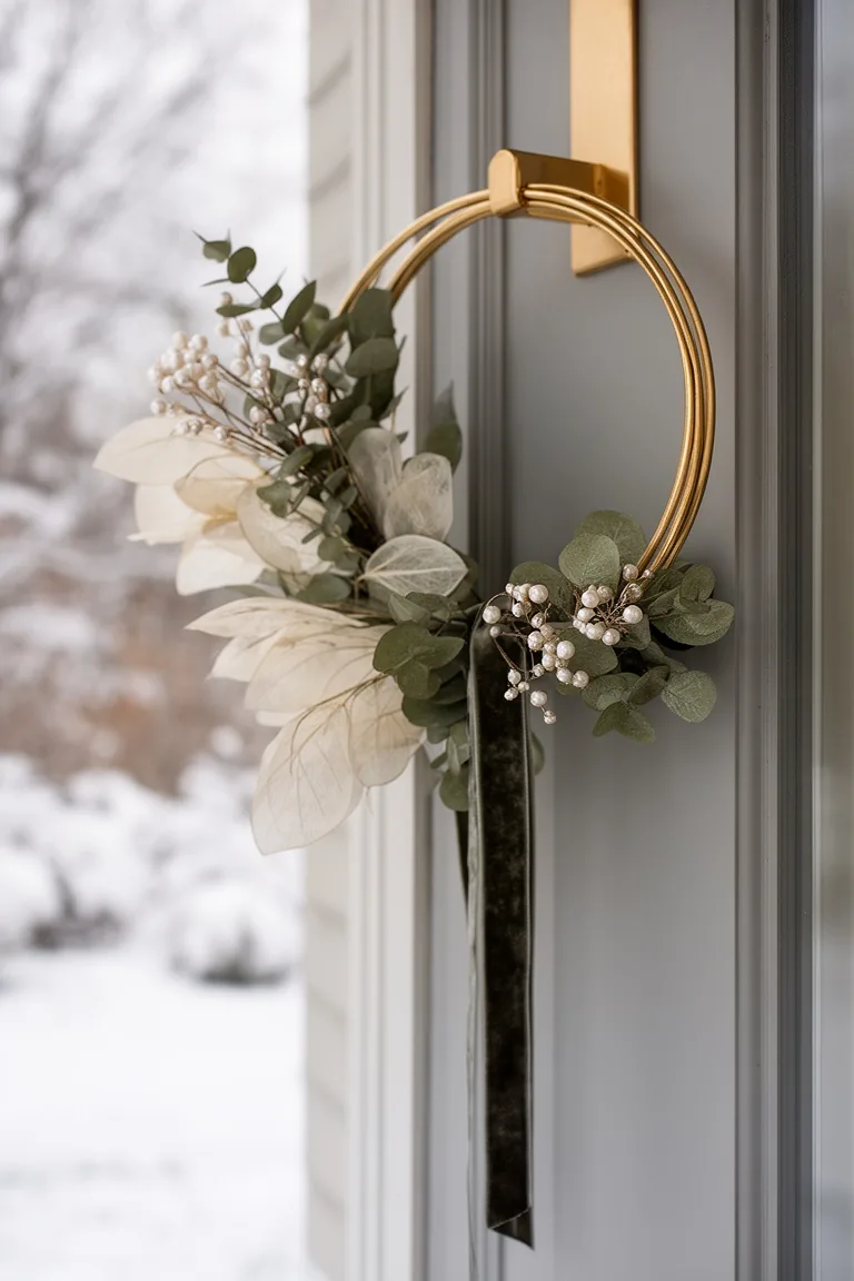 Gold hoop wreath with eucalyptus and pearly dried lunaria stems