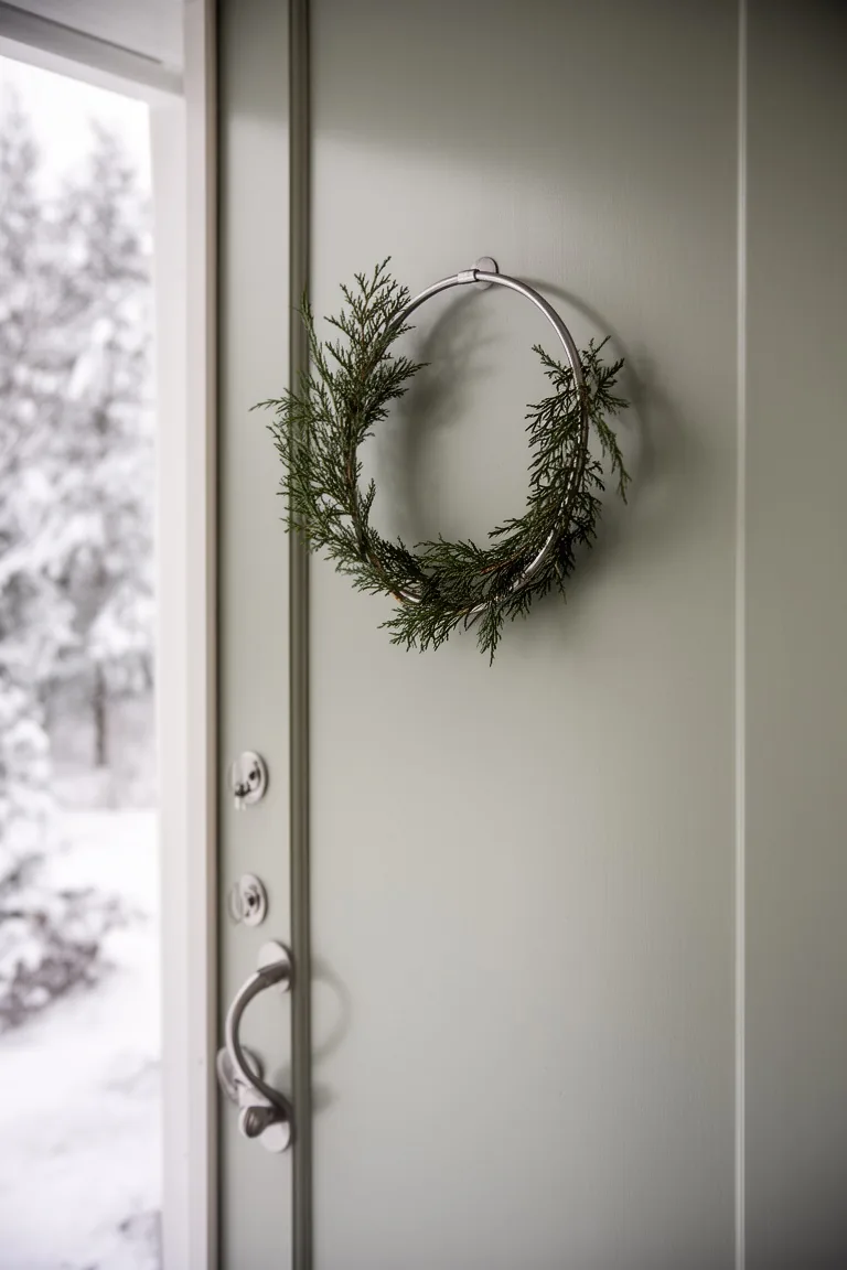 Simple metal ring with sparse greenery on a smooth painted door