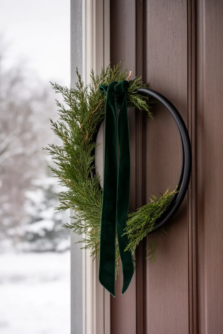 Black hoop wreath with juniper and a deep green velvet ribbon tail
