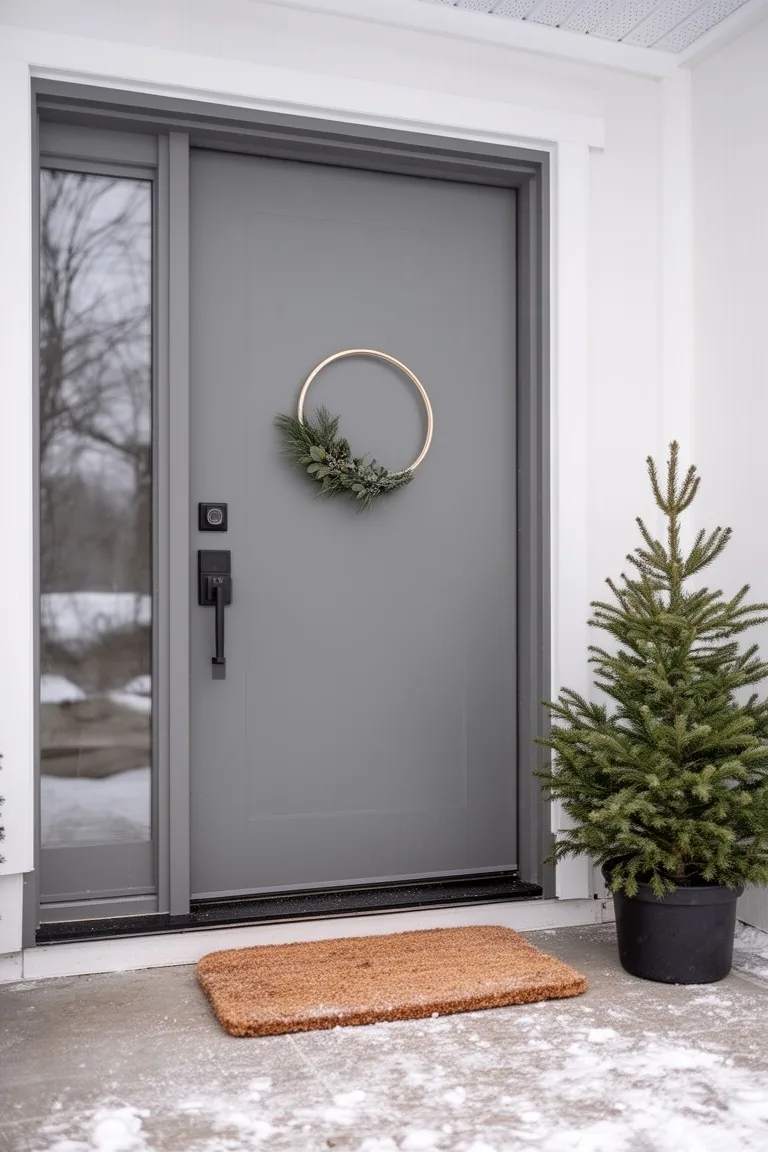 Modern entry with a minimal hoop wreath and a single potted evergreen