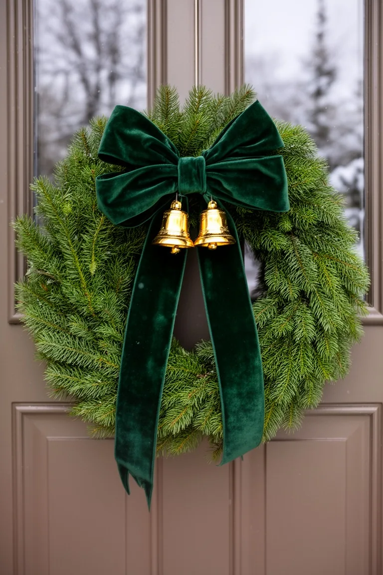 Noble fir wreath with a forest green velvet bow and gold bells