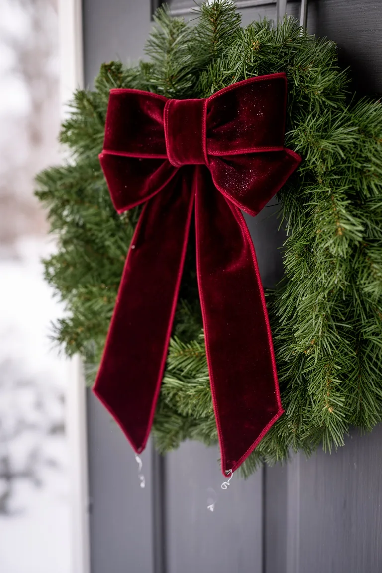 Close-up of a velvet bow with wired ribbon tails draping neatly