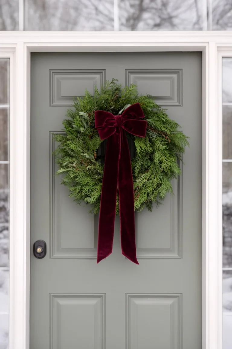 Greenery wreath with an oxblood velvet bow on a paneled door