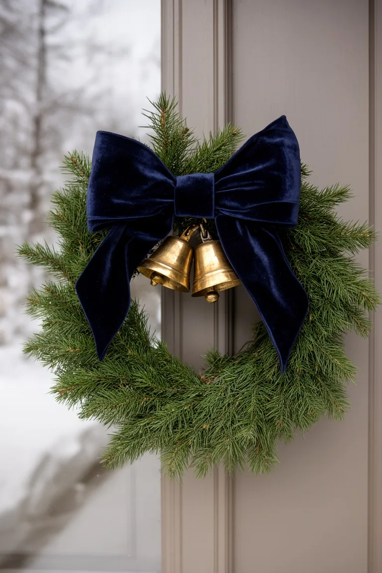 Fir wreath finished with a giant navy velvet bow and brass bells