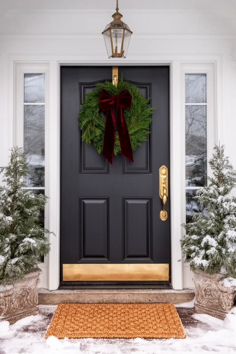 Grand front door with a velvet-bow evergreen wreath and brass hardware