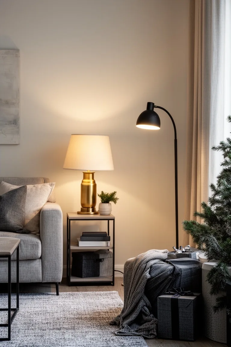 Intimate living room corner lit by a brass table lamp and a black arc floor lamp with warm bulbs, overhead off