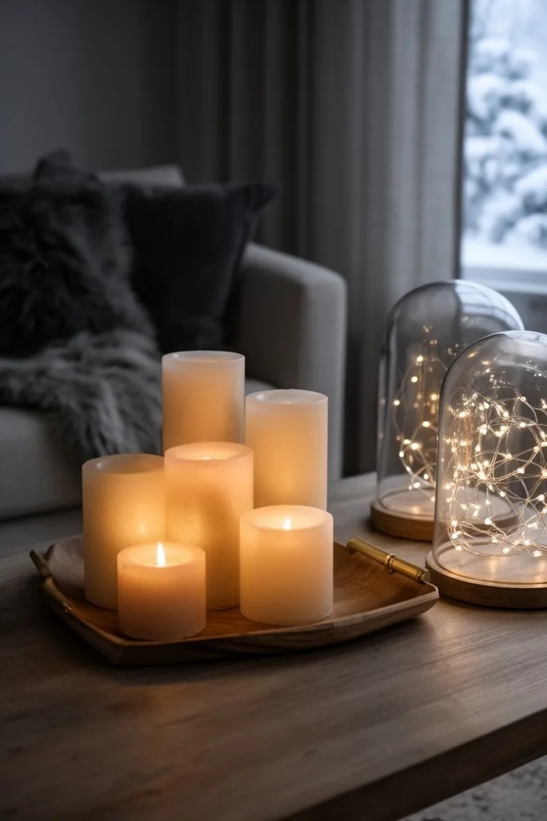Cluster of pillar and votive candles on a wood tray with a glass cloche of soft fairy lights nearby