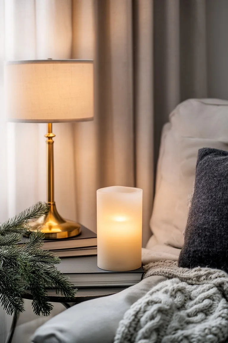 Close-up of a brass lamp glowing softly beside a stack of books and a flameless pillar candle