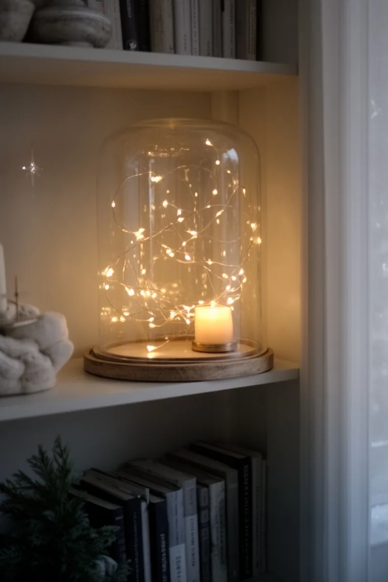 Bookshelf styled with a strand of warm fairy lights inside a glass cloche and a small lit candle