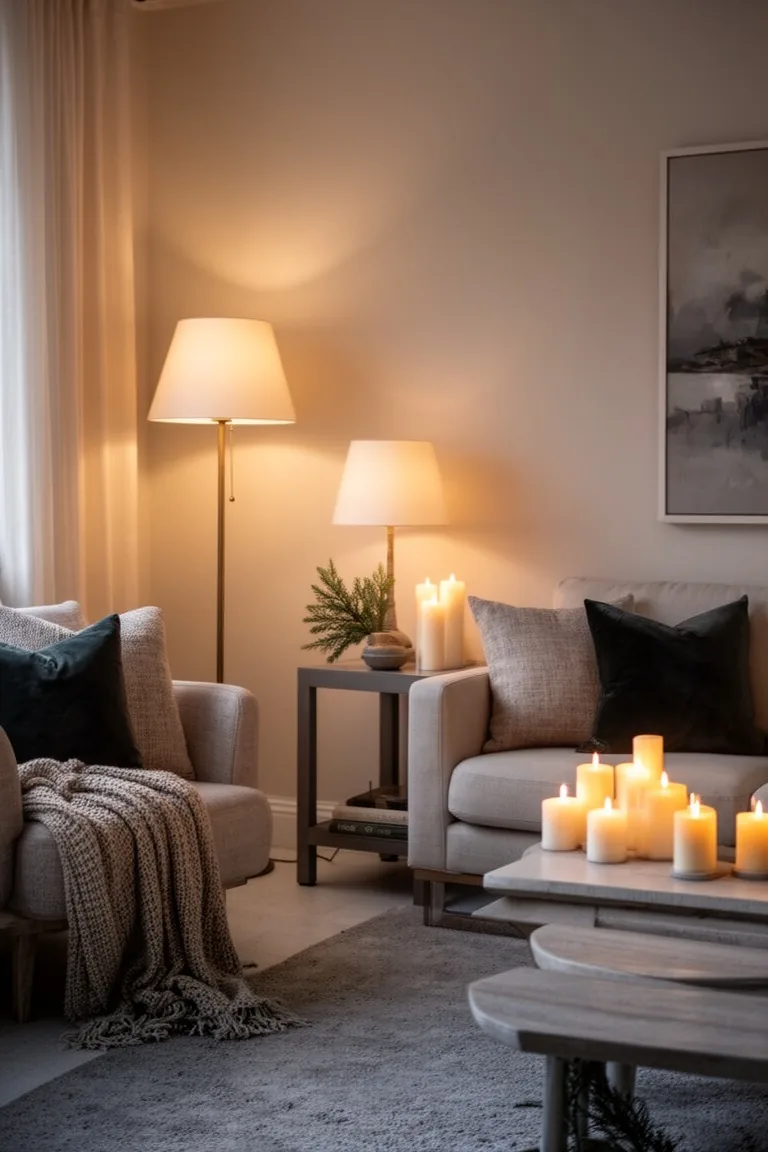 Snug evening living room with a floor lamp, a table lamp and clustered candles giving a soft inviting glow