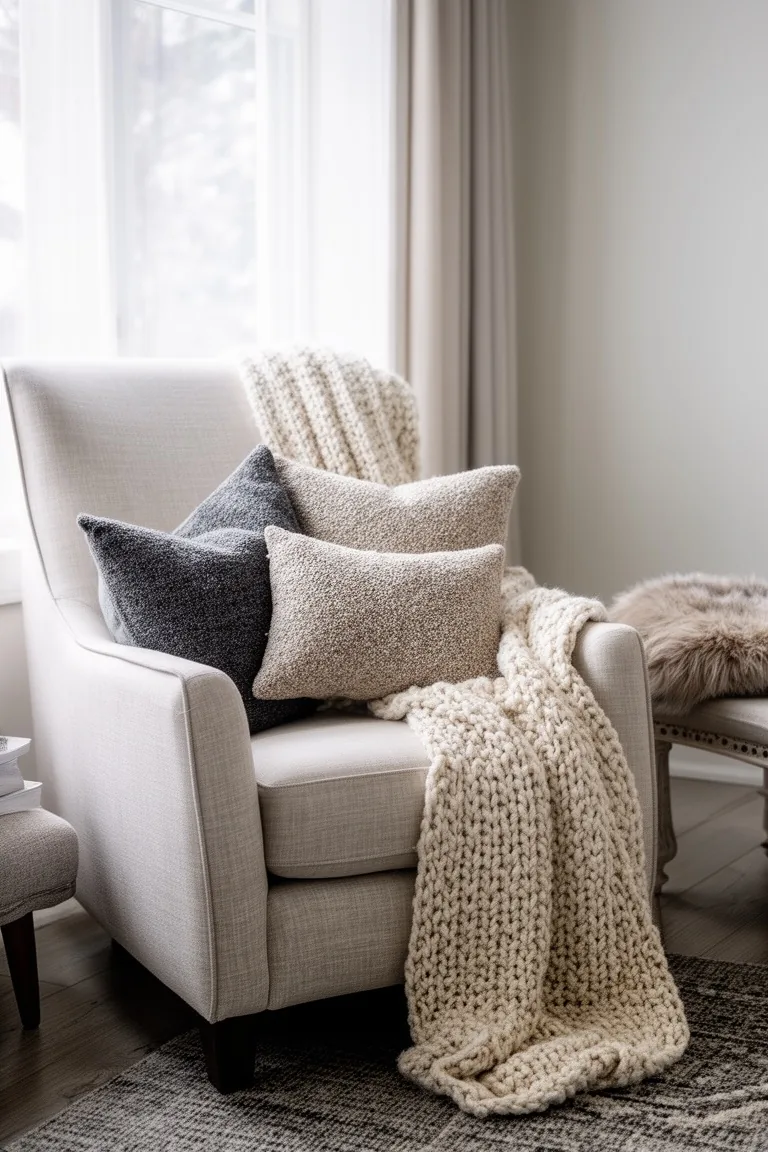 Neutral linen armchair layered with boucle and wool pillows and a chunky cream knit throw with a faux-fur cushion nearby