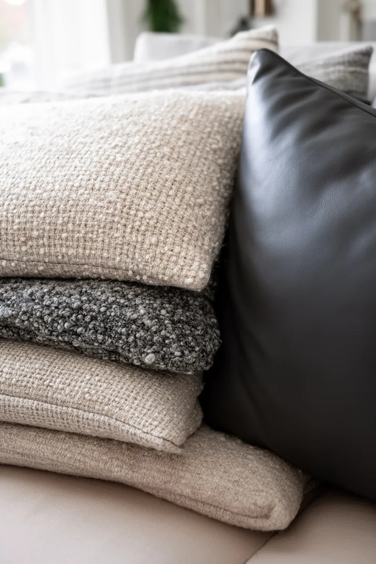 Close-up of stacked boucle and nubby knit pillows in oatmeal and stone against a smooth charcoal leather pillow