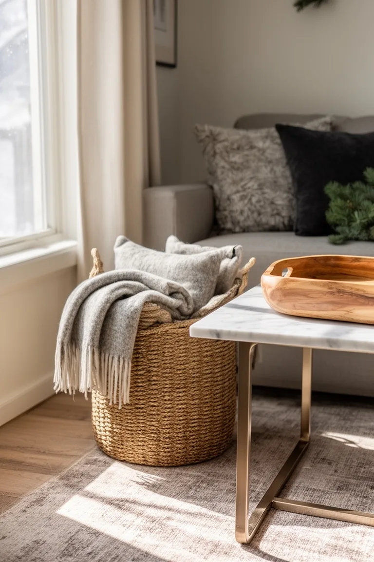 Cozy reading corner with a woven jute basket of folded wool throws and a raw-edge wood tray on a marble side table