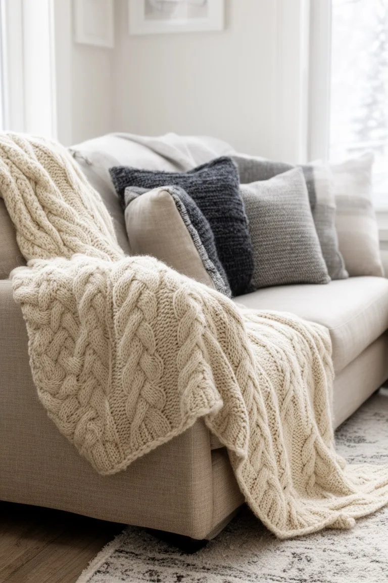 Neutral sofa corner with a thick cream cable-knit blanket and mixed-texture pillows in greige and charcoal