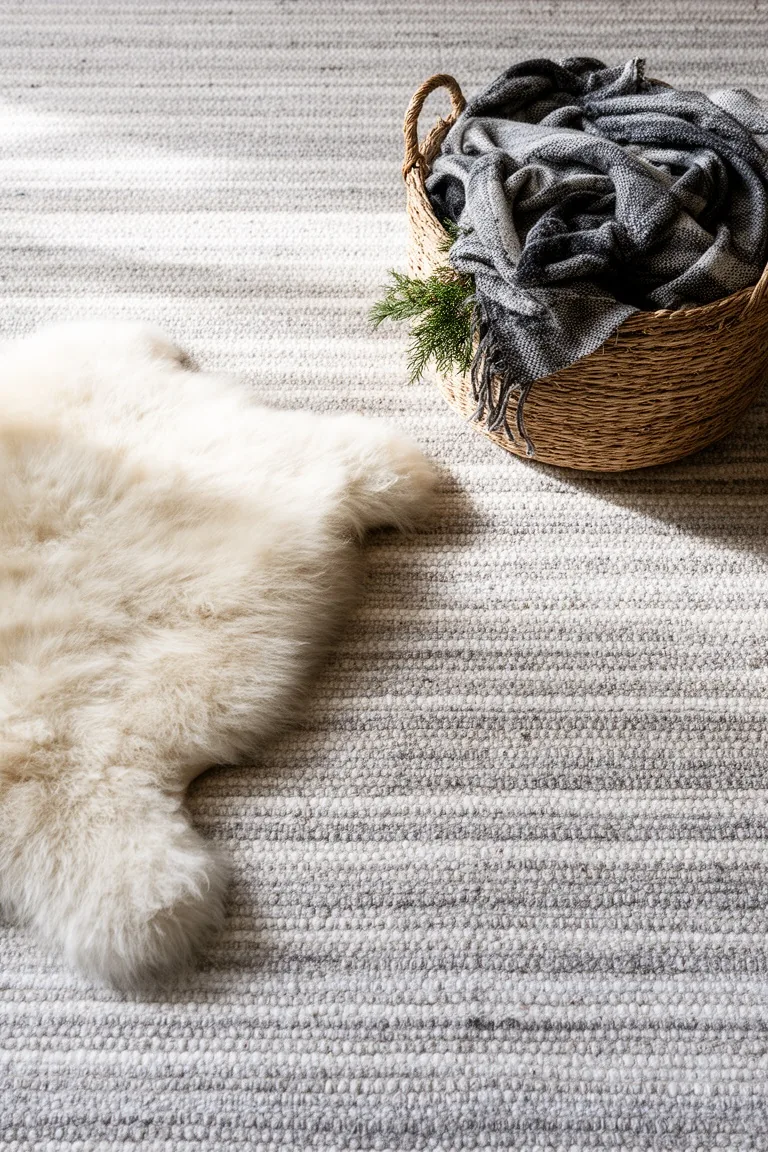 Overhead of a wool flatweave rug with a folded sheepskin and a woven basket in a limited stone and cream palette