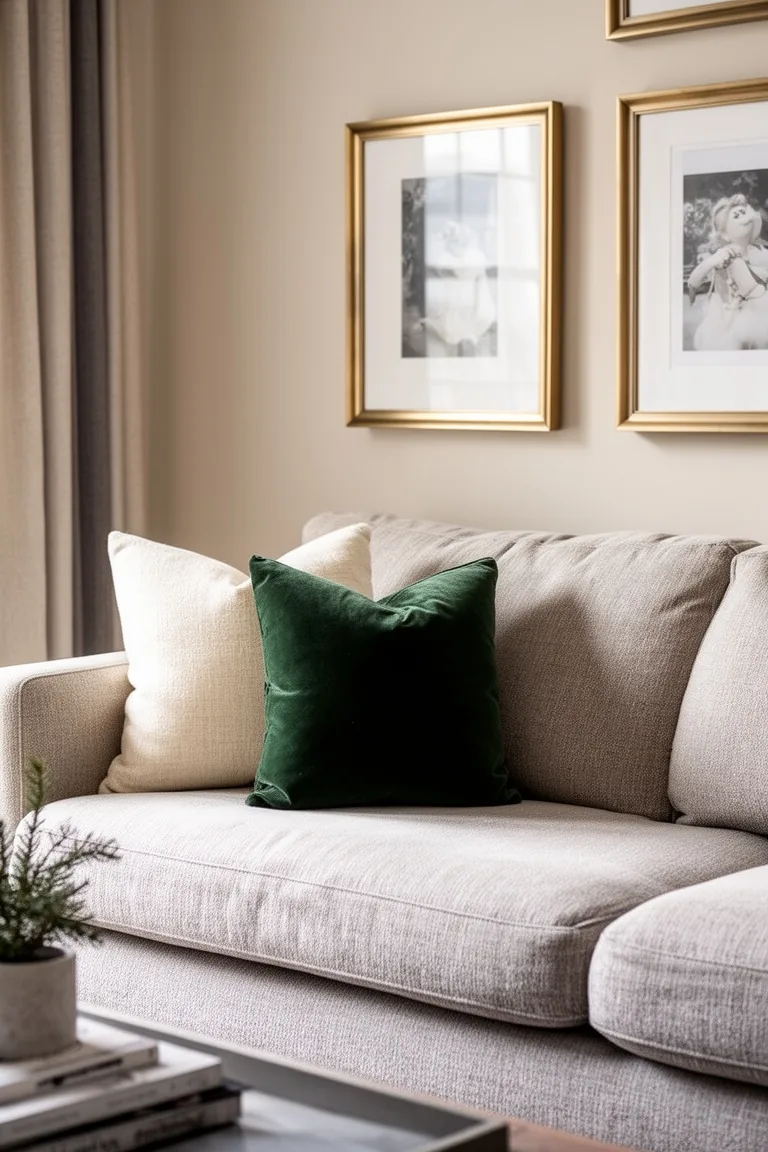 Calm living room in cream, oatmeal and greige with one deep forest-green velvet accent pillow and brushed brass frames
