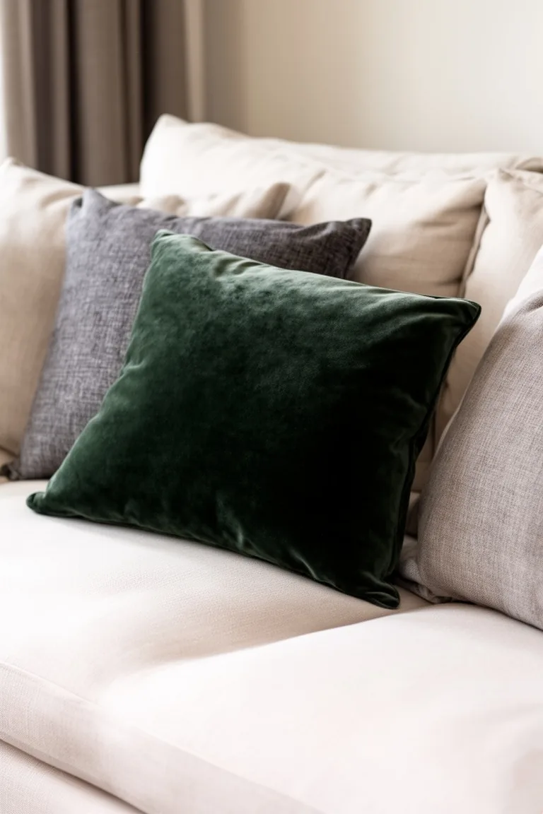 Close-up of swapped pillow covers in stone, charcoal and deep green velvet on a cream sofa
