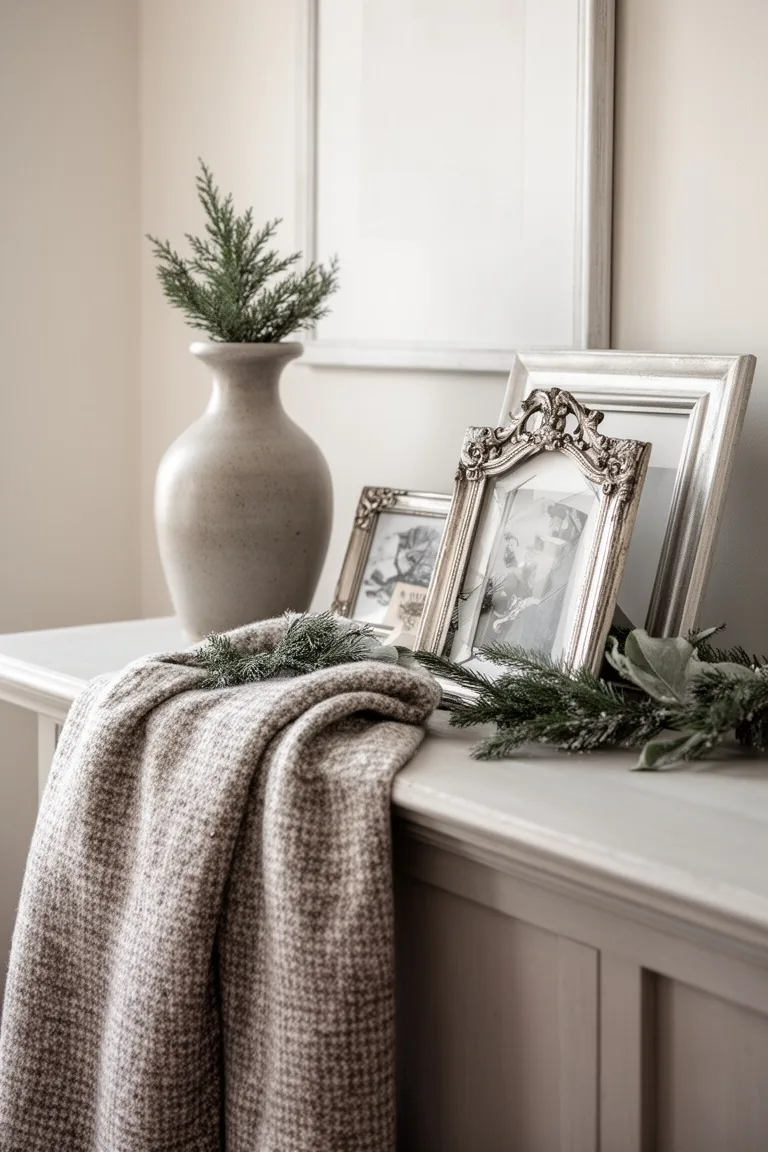 Styled console in muted neutrals with a tweed throw, a greige ceramic vase and antique silver frames