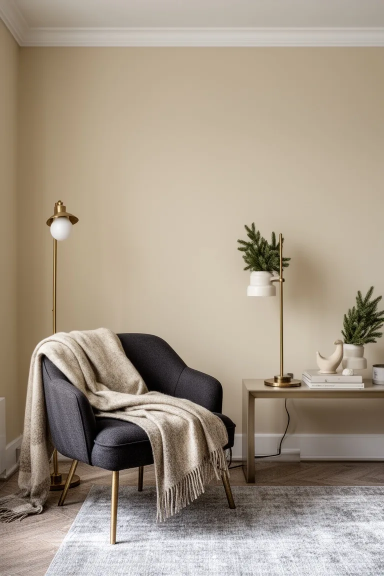 Serene neutral room with oatmeal walls, a charcoal accent chair, a wool throw and brushed brass details