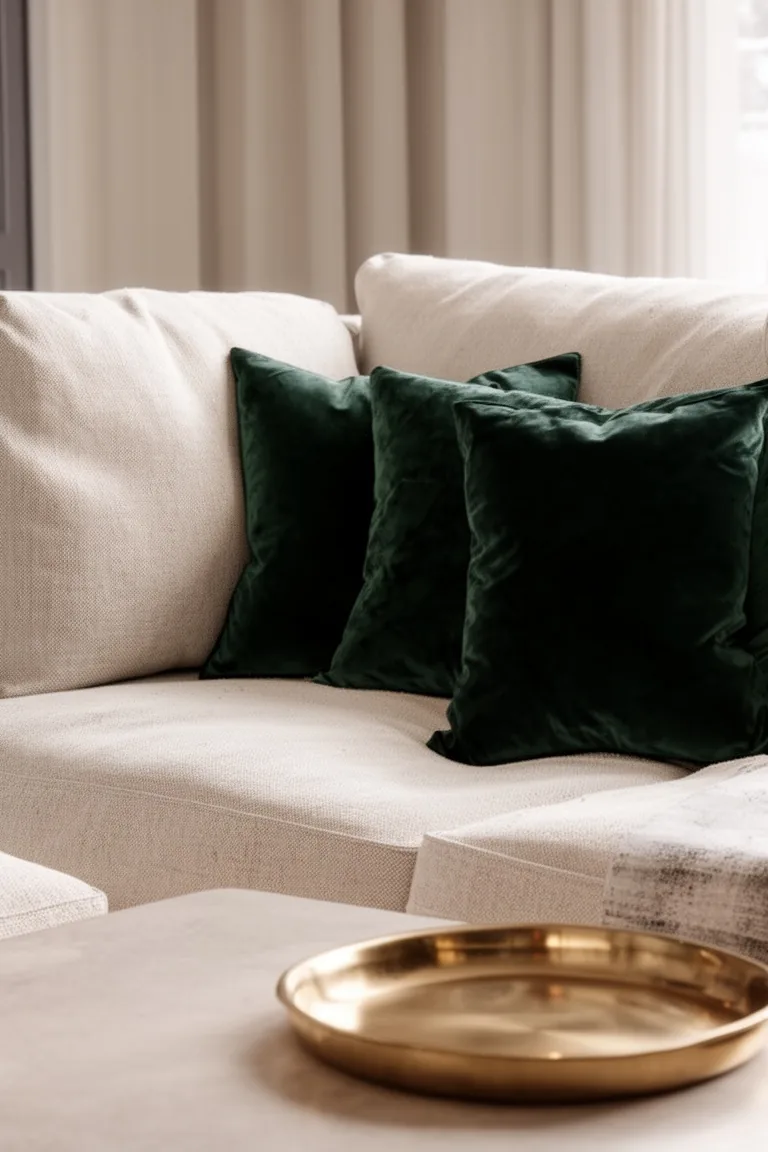 Winter living room vignette in cream and stone with deep evergreen velvet cushions and a soft brass tray