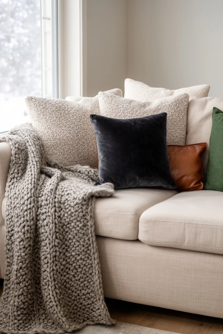 Winter-ready neutral sofa with two boucle pillows, a charcoal velvet accent, a leather lumbar and a wool knit throw