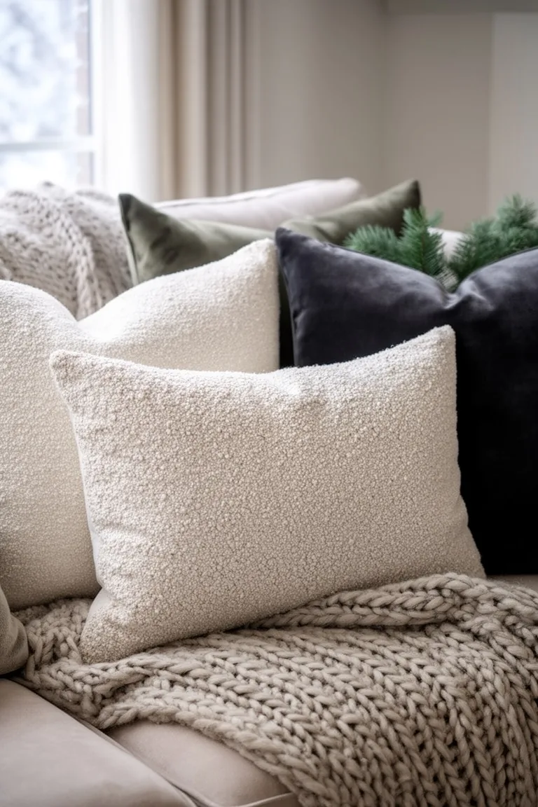 Close-up of mixed-size sofa pillows in cream boucle and charcoal velvet with a chunky knit throw