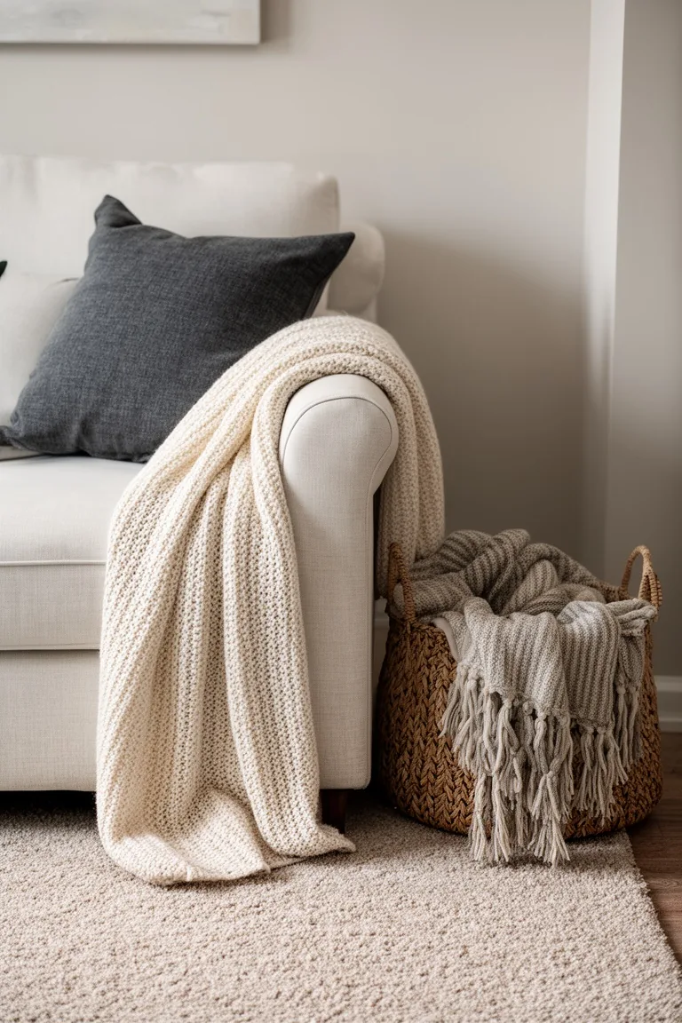 Sofa corner with a folded oversized cream knit blanket and a woven basket of extra throws beside it