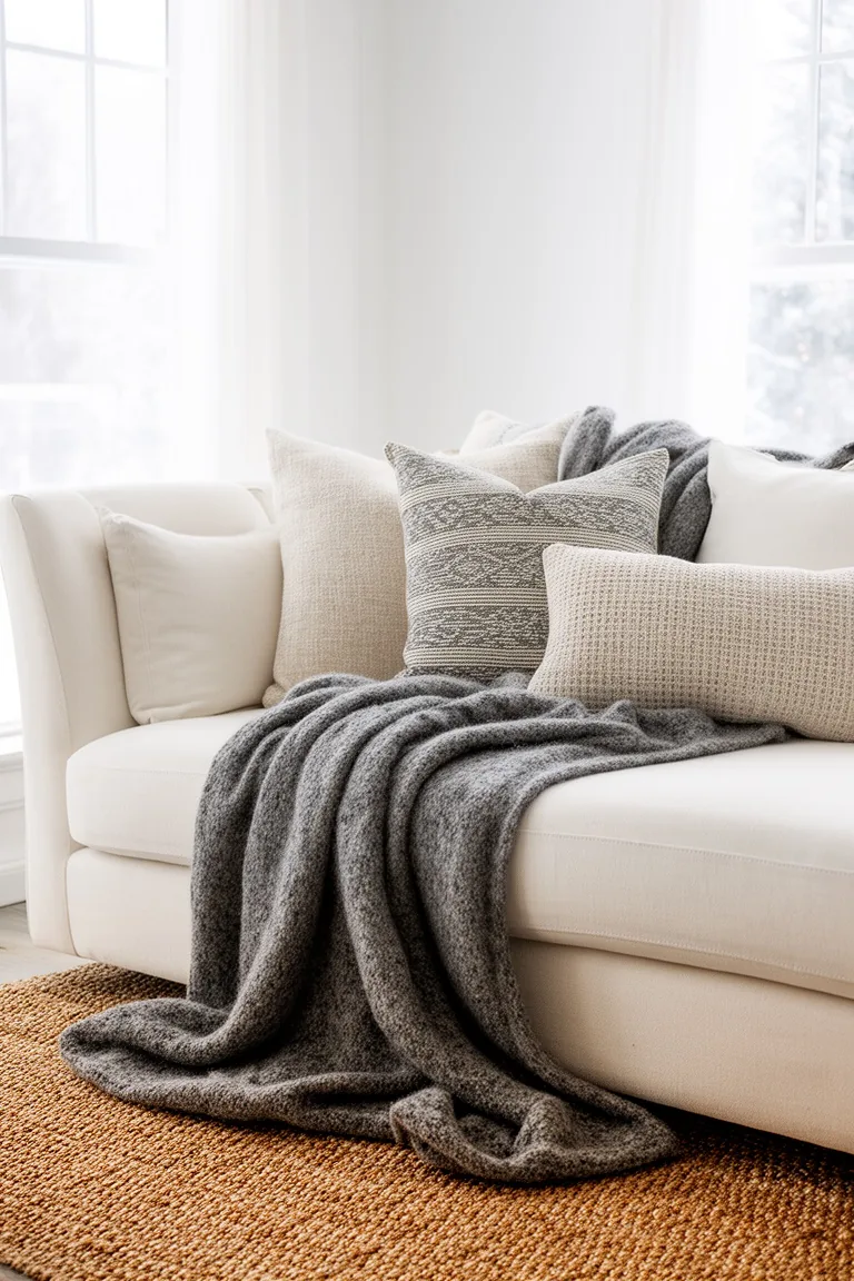 Ivory sofa layered with textured neutral pillows and a subtle-pattern lumbar with a wool throw on a jute rug