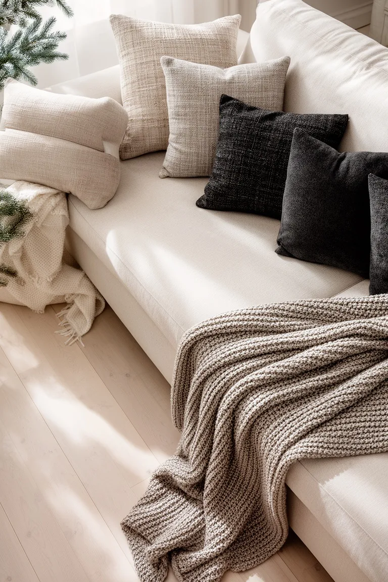 Overhead of a styled sofa with varied pillow textures in stone and charcoal and a draped knit throw