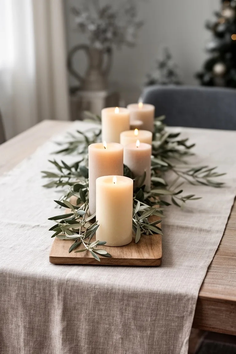 Cozy winter dining table with a neutral linen runner, mixed-height pillar candles on a wood board and eucalyptus sprigs