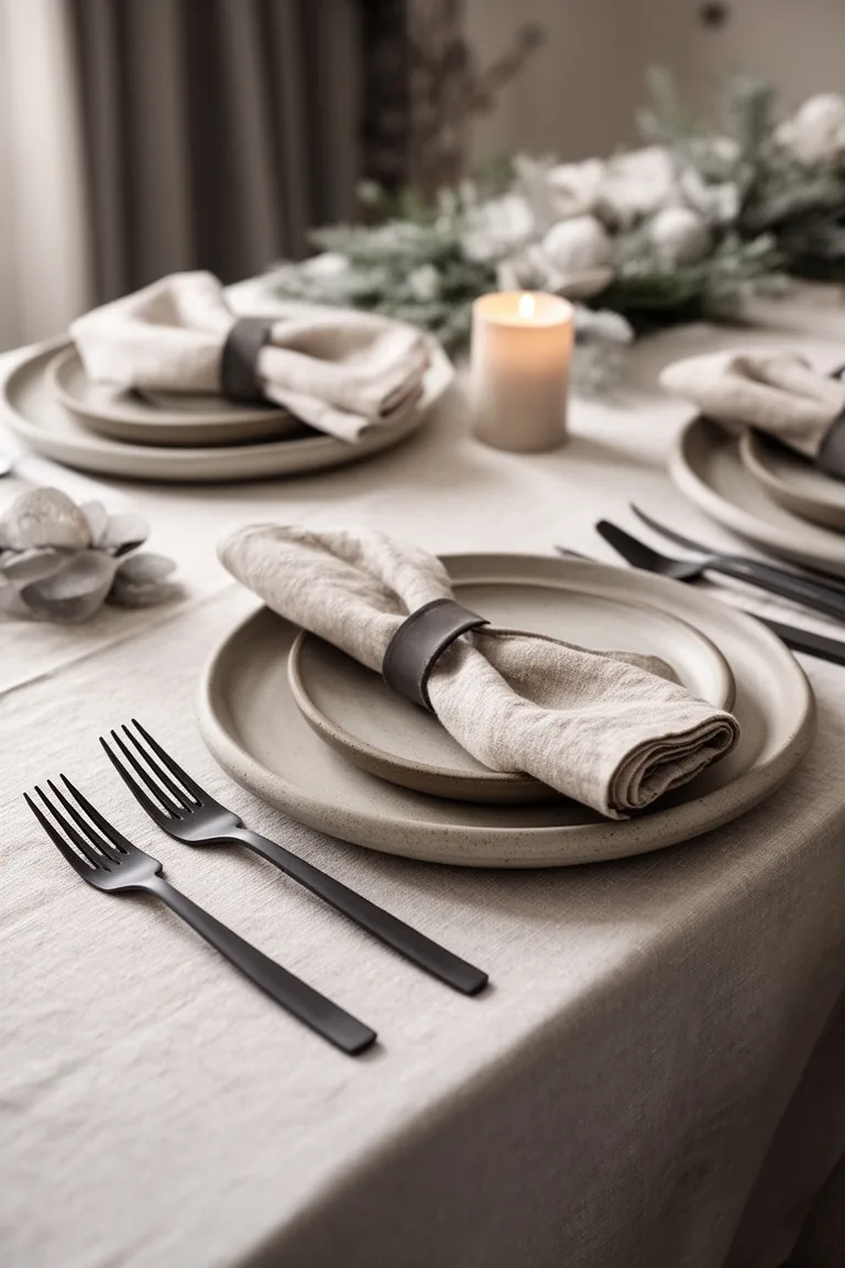 Overhead winter table setting with stoneware plates, matte flatware and linen napkins in simple rings