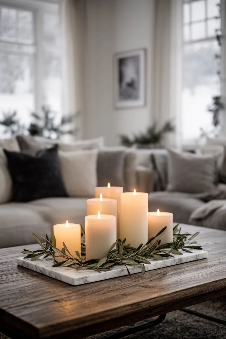 Low centerpiece of varied-height pillar candles on a marble board with loose olive branches in warm light