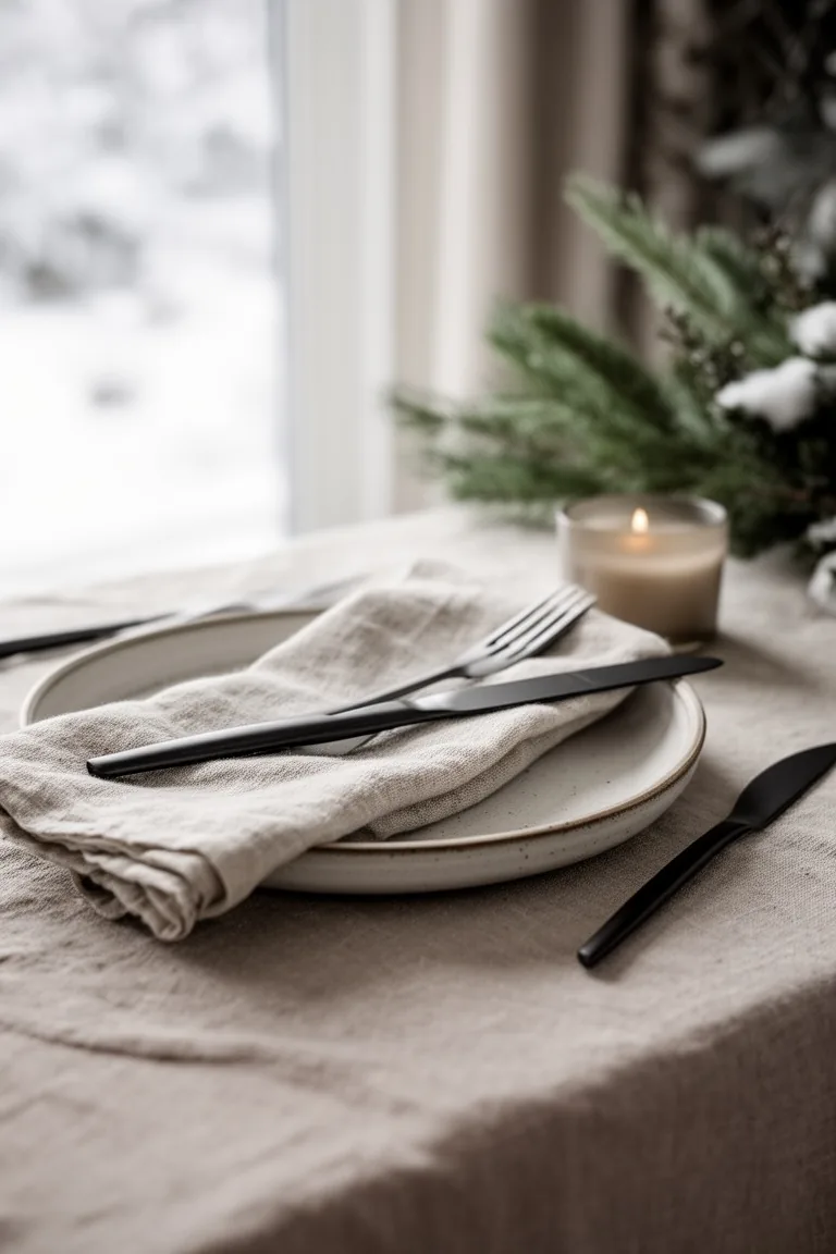 Place setting detail with a linen napkin, stoneware plate, matte flatware and a small votive candle