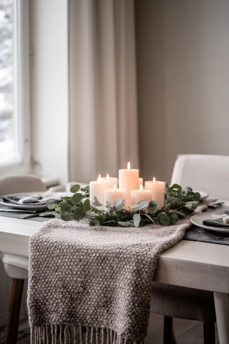 Inviting winter table for two with a wool runner, clustered candles and eucalyptus greenery