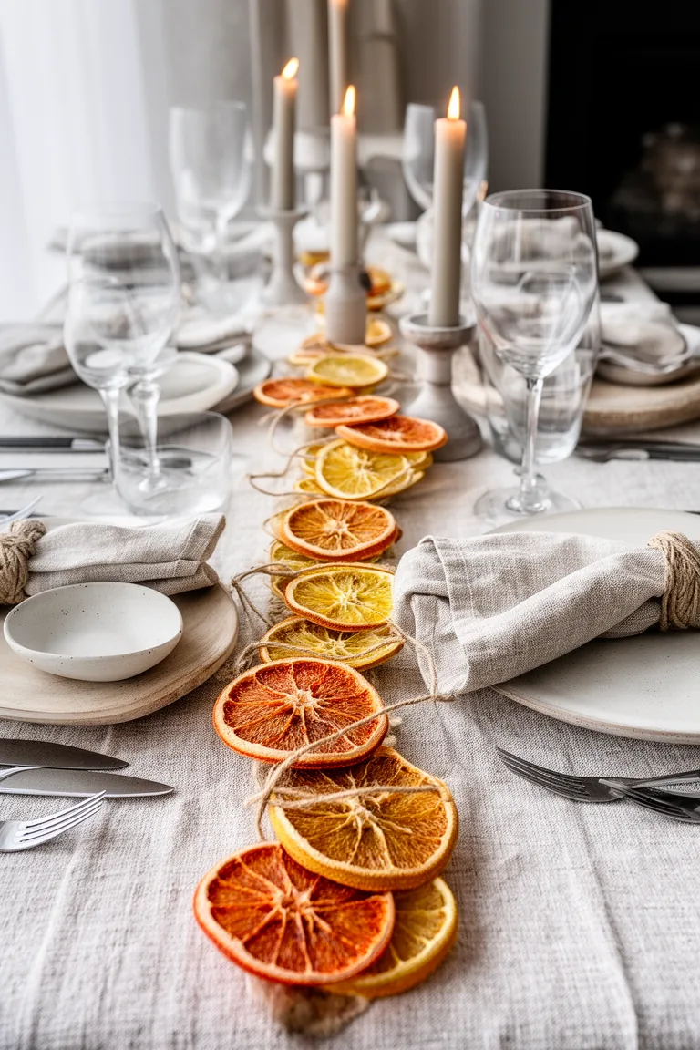Dried citrus garland of orange and lemon slices down a table center
