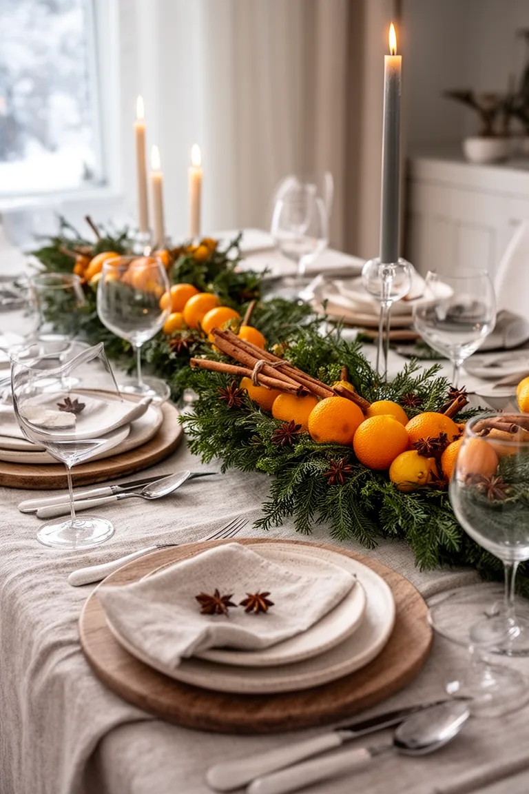 Citrus garland over greenery with cinnamon sticks and star anise