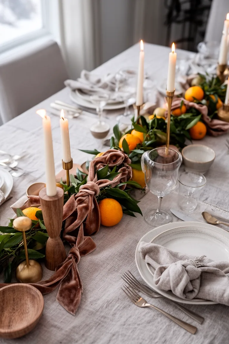 Overhead citrus garland with velvet ribbon and candleholders