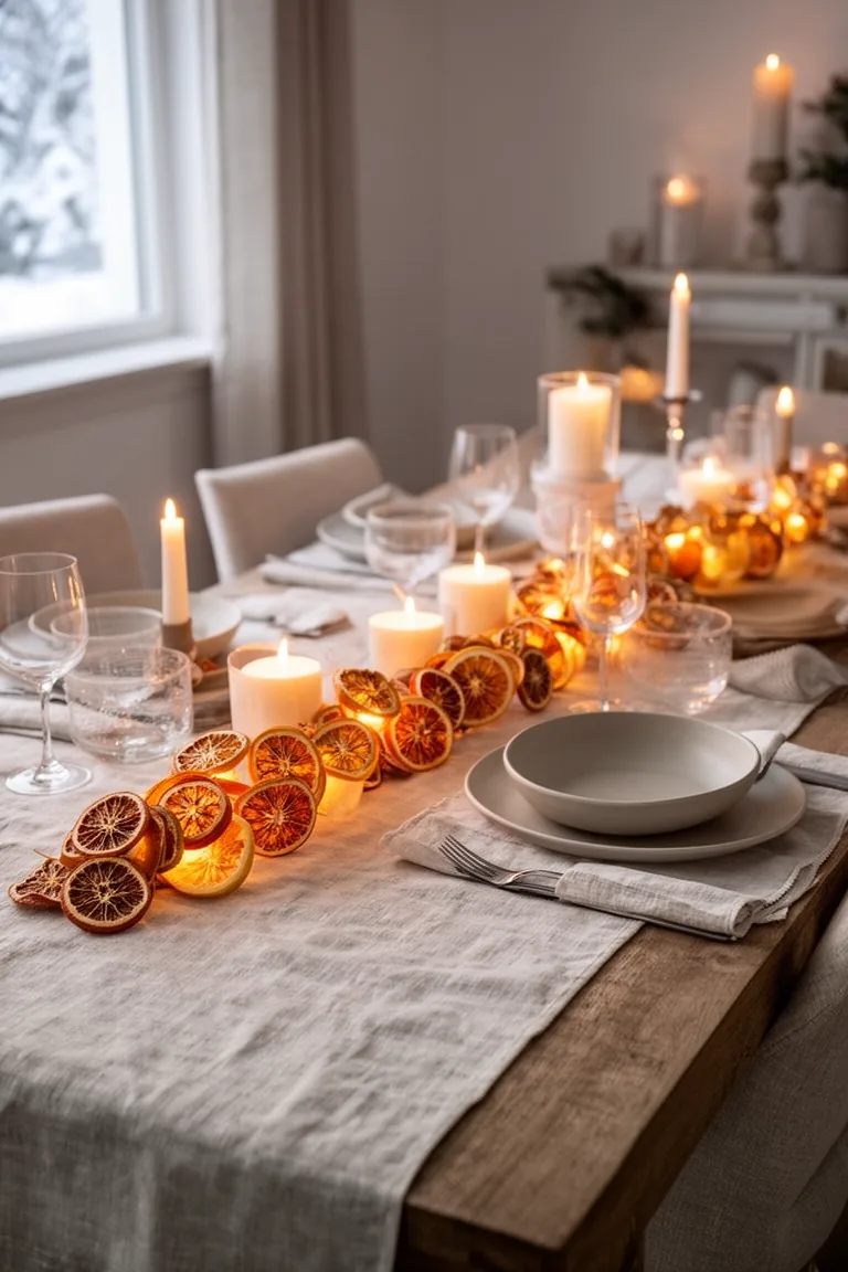 Artisanal dried citrus garland glowing in candlelight
