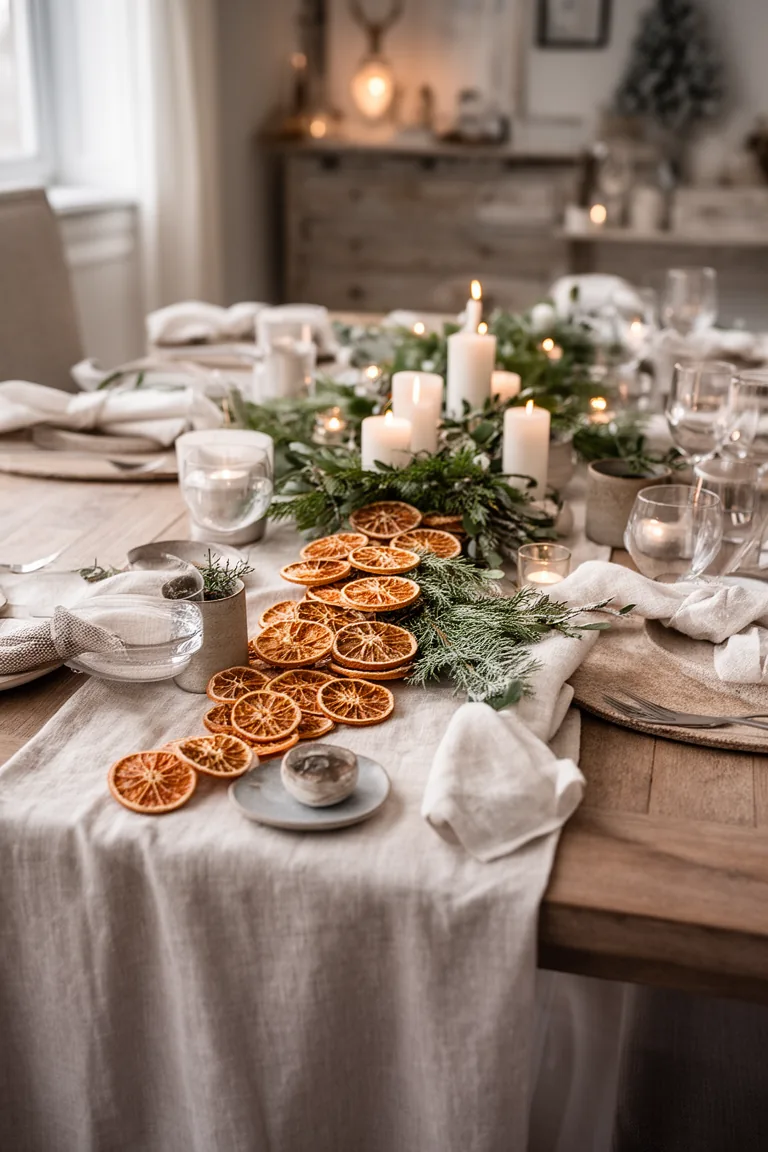 Long citrus garland runner with greenery and candles